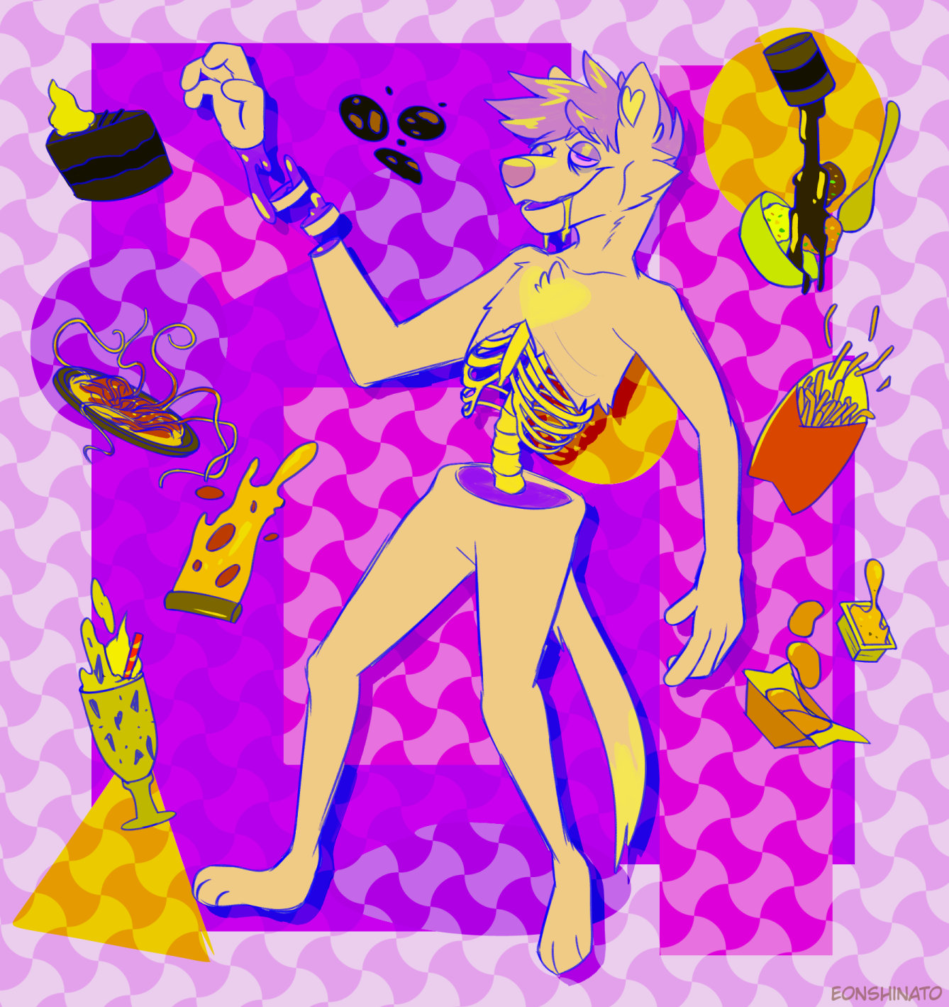 A surreal digital drawing of a skinny yellow anthro dog floating in a bright pink void. His eyes are half lidded with bags under them, drool running down the side of his muzzle, looking almost delirious. With no visible gore, his ribs and part of his spine are cartoonishly exposed, connecting to the legs. His entire chest and torso are empty. Several foods float around him, including but not limited to pizza, a milkshake, french fries, and a piece of dark chocolate cake that his right hand was reaching towards before being cartoonishly sliced from his body.
