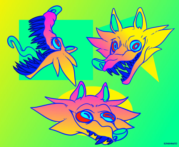 A digital drawing of three cartoon wolf heads on a bright lime green background. Each wolf is a bright yellow that gradients into a soft sunset orange-pink. Their teeth are an impossible deep blue with cyan-green nose and tongue. The left head has his mouth open in an extremely wide smile showing all of his very sharp teeth, tongue cartoonishly flailing out. The right head looks at the viewer with a crazed grin, teeth bared. Finally, the bottom head looks upward with a silly smile on their face.