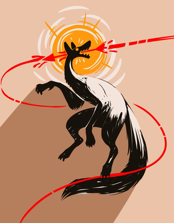 An abstract drawing of a black and white canine figure posed on a pale red background. Its body faces left while its head is reared up facing right, a bright red arrow symbol going through and out the back of its open mouth, its trail spiraling down its body. A bright yellow orb radiates behind its head.