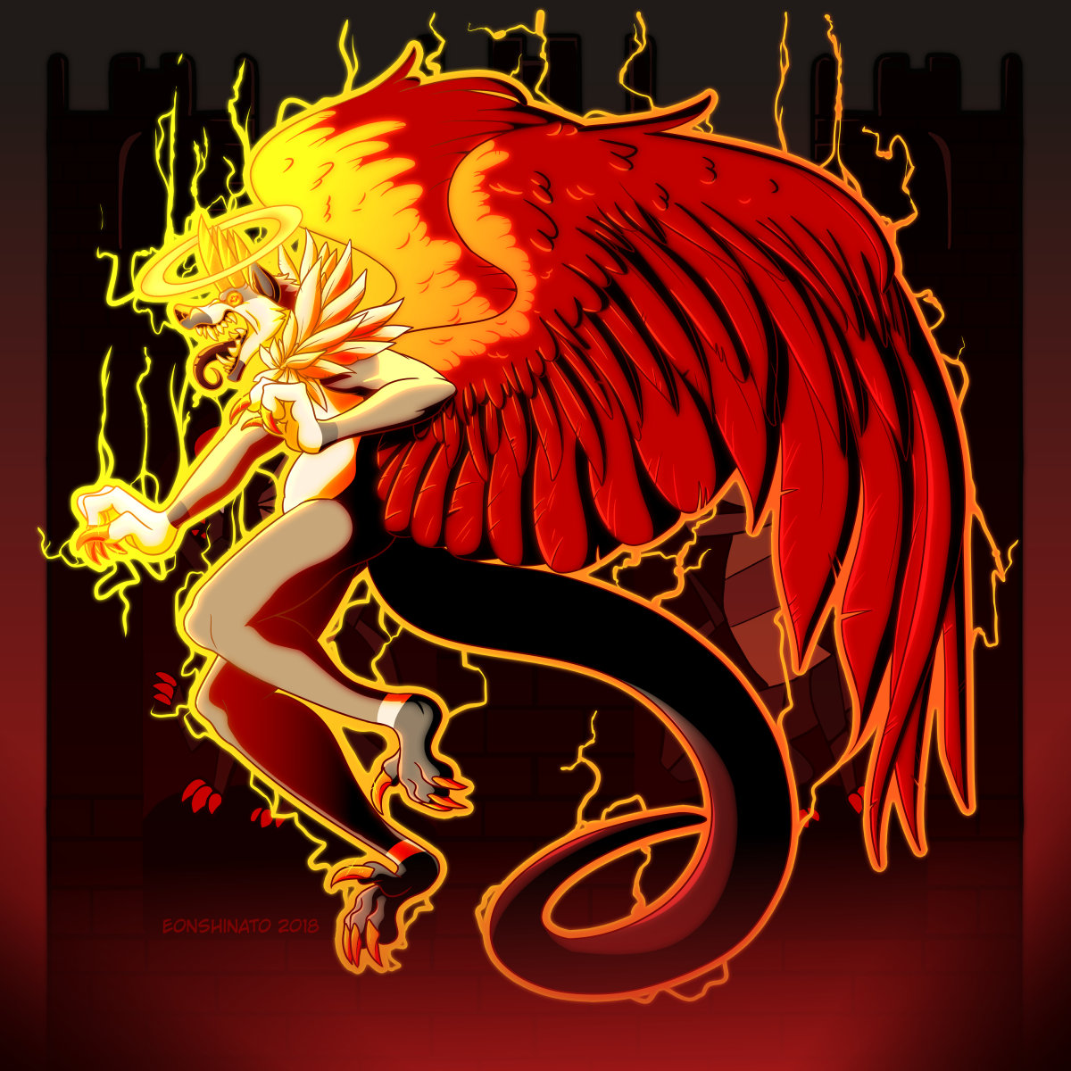 A tan canine with five golden crown-like horns rises above his castle wall, sharp teeth bared as he roars. The fur collar of his royal cape have transformed into giant white feathers, leading into the massive bright red wings on his back that the rest of his cape transformed into. His long serpantine tail coils downward.