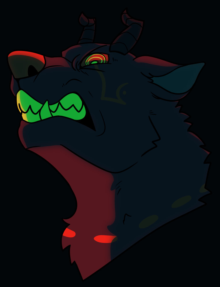 A digital drawing of a dark red hellhound with two black horns. He's baring his yellow teeth and glaring downwards with angry red eyes.