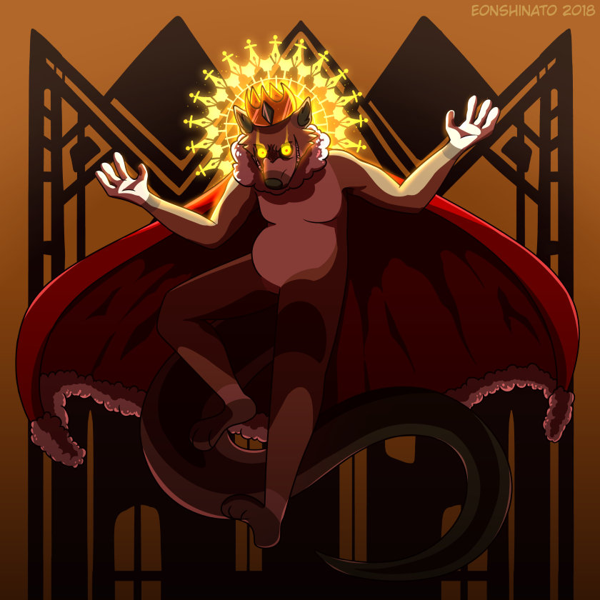 A tan anthro wolf wearing a golden crown and red cape looks crazily at the viewer, mouth spread in an impossibly wide smile showing his many sharp teeth. His arms are outstretched to the side, legs bent as he floats and his long serpantine tail trails behind him. A bright glowing halo radiates behind his head, casting deep shadows across the front of his form.