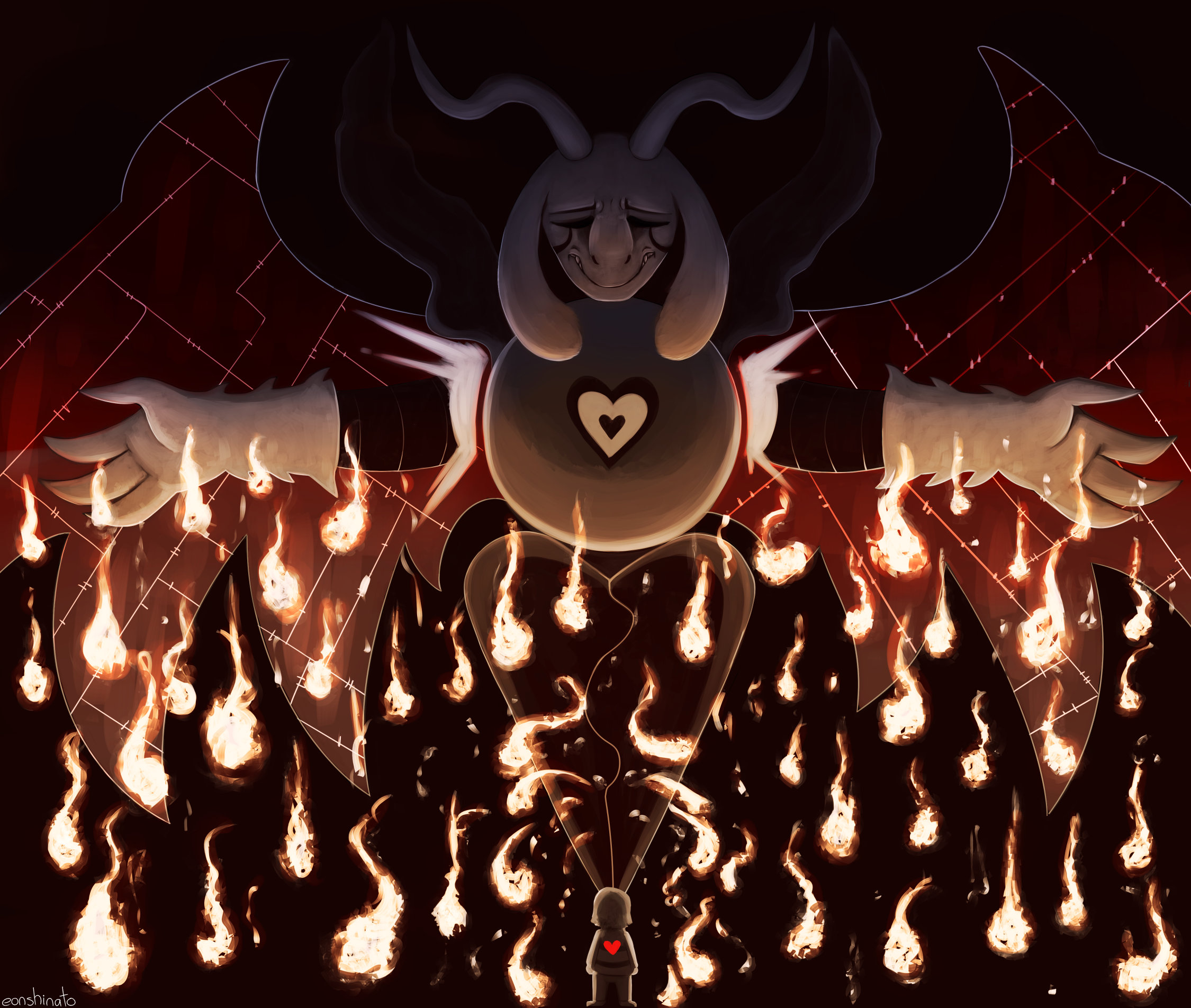 A digital painting of Asriel from UNDERTALE in his Hyperdeath form. His eyes are closed in a pained grimace, his arms outstretched, palms facing up, as fireballs drift downward around Frisk.