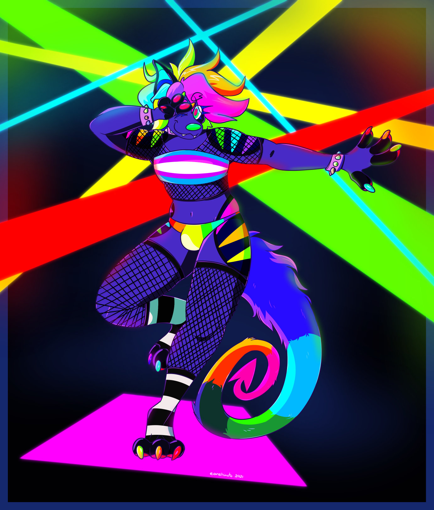 A deep indigo anthro poses on the dancefloor with bright lights flashing behind them. They have medium length rainbow hair and a long rainbow tail that ends in a devil point. They are wearing a mesh crop top with a tubetop over it colored like the transgender flag. They are also wearing a rainbow thong and black-and-white striped socks. They're giving the viewer a smile and flashing a 'peace' sign while they dance.