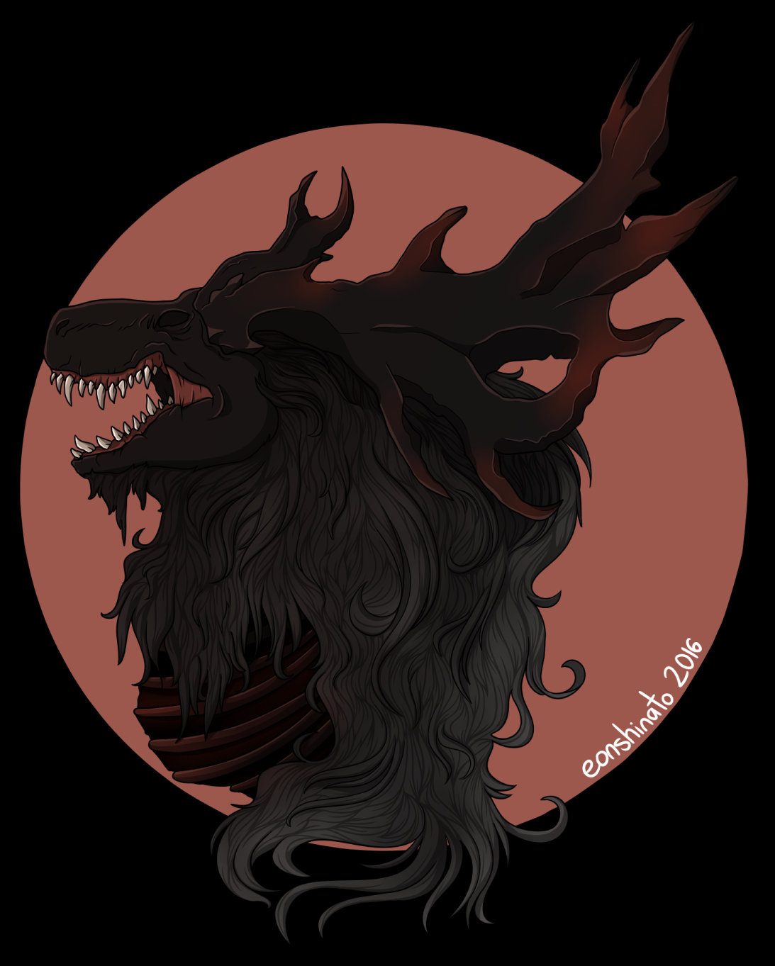 A cleric beast enemy from the game 'Bloodborne'. It has a skull head with large antlers. Its ribs are exposed with extremely long flowing fur falling all around it.