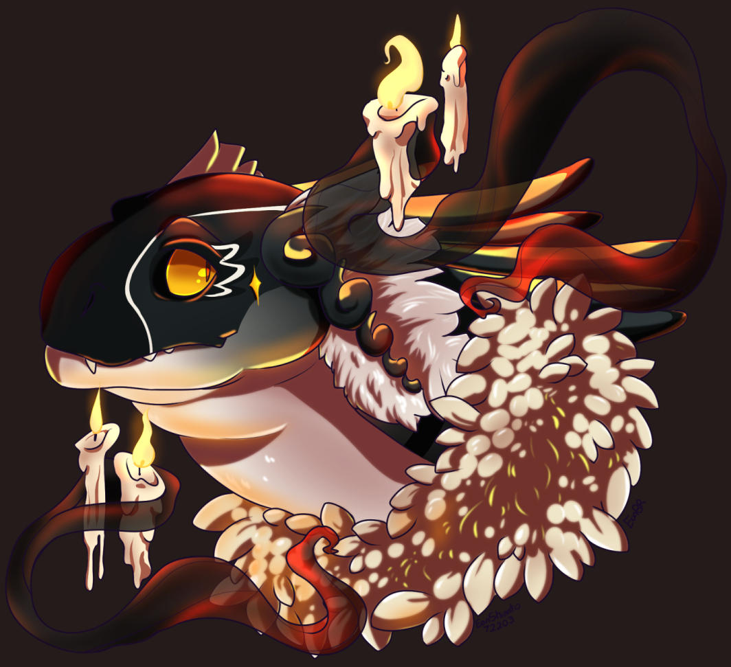 A black and white coatl dragon with bright orange eyes and wearing a white feathery scarf. Magical candles float around them.