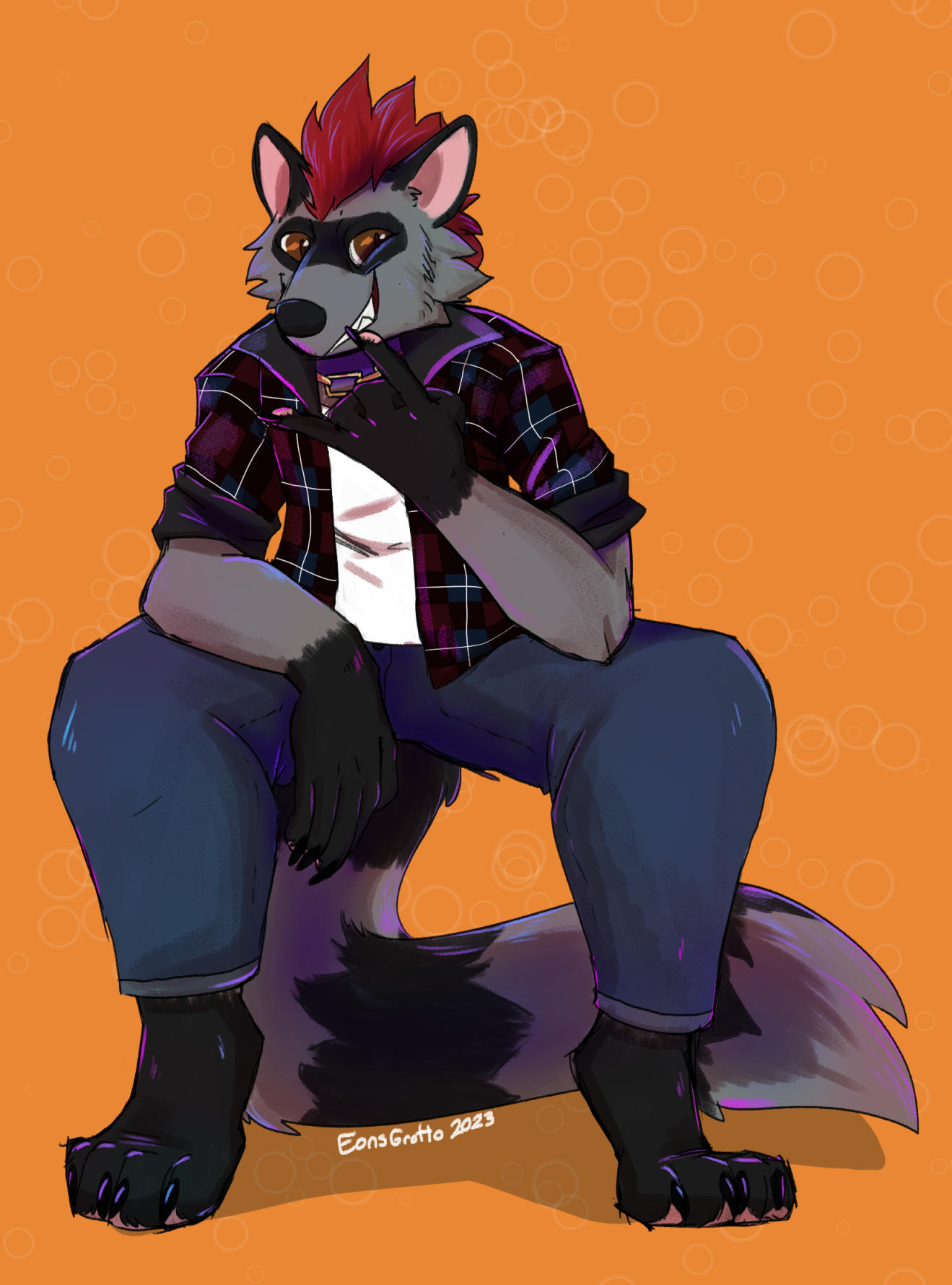 An anthro raccoon with a red mowhawk wearing a dark red and blue flannel and blue jeans squats and flashes the rock-and-roll hand sign with a sly grin.