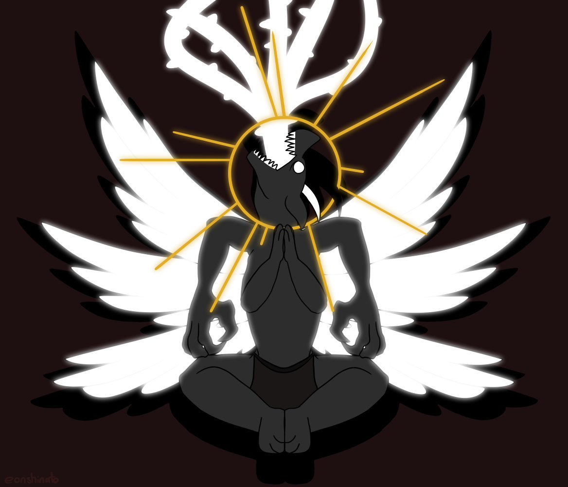 A stylized drawing of an anthro figure sitting cross-legged. It has four arms, two of them held together in prayer while the other two larger ones are poised at the sides, ready to defend itself. Six glowing white wings spread out behind it as its head tilts upwards, glowing white thorned vines poured out and upwards. A large golden halo frames its head.