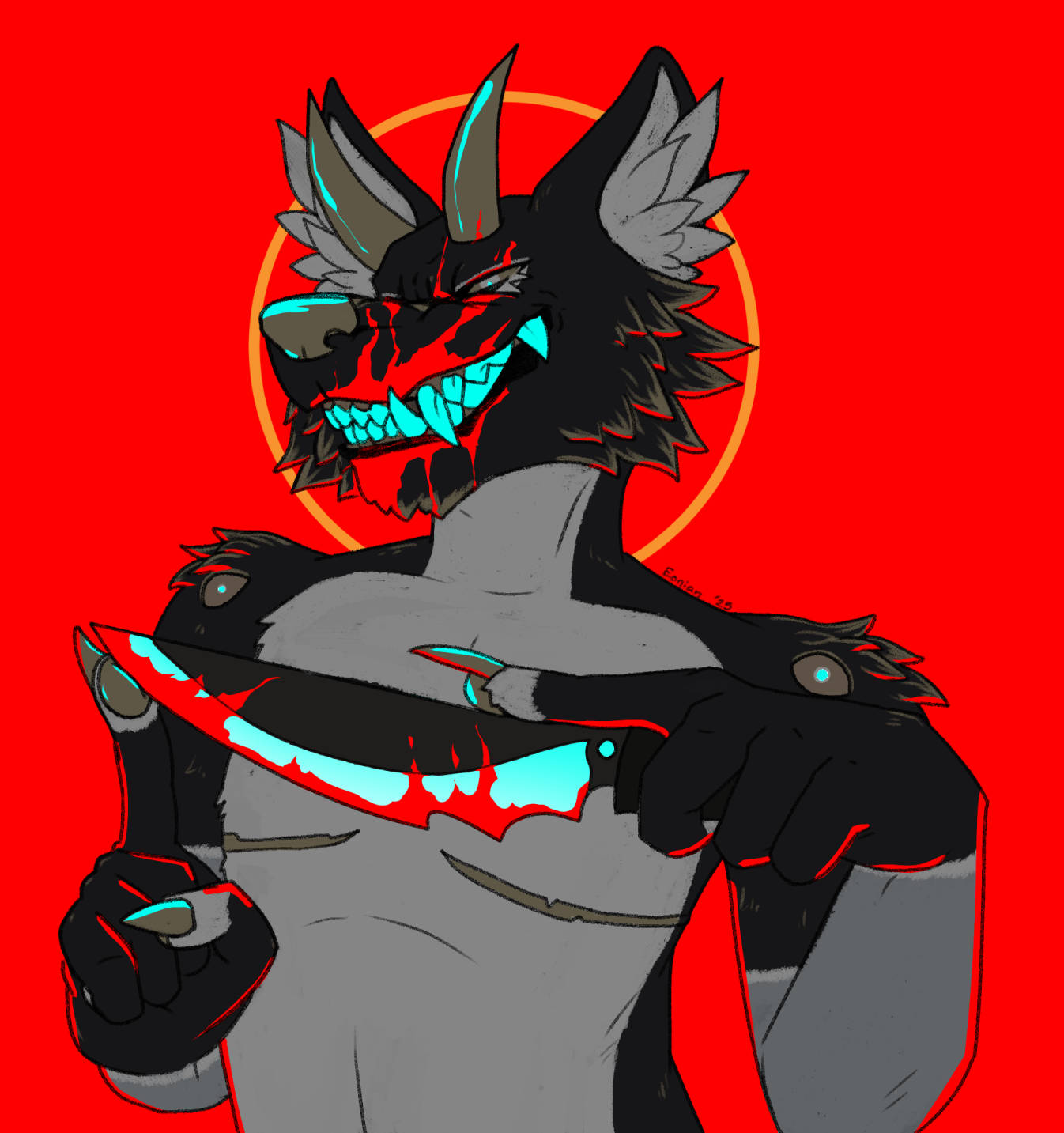 Eon, a strange anthro black wolf, stands holding a large knife in his left hand, resting the end of it on the tip of his right index finger. He has two golden horns, large bright cyan teeth, and two extra open eyes on his shoulders. There is a bit of blood on the sharp edge of the knife, as well as a splatter of it across his face.