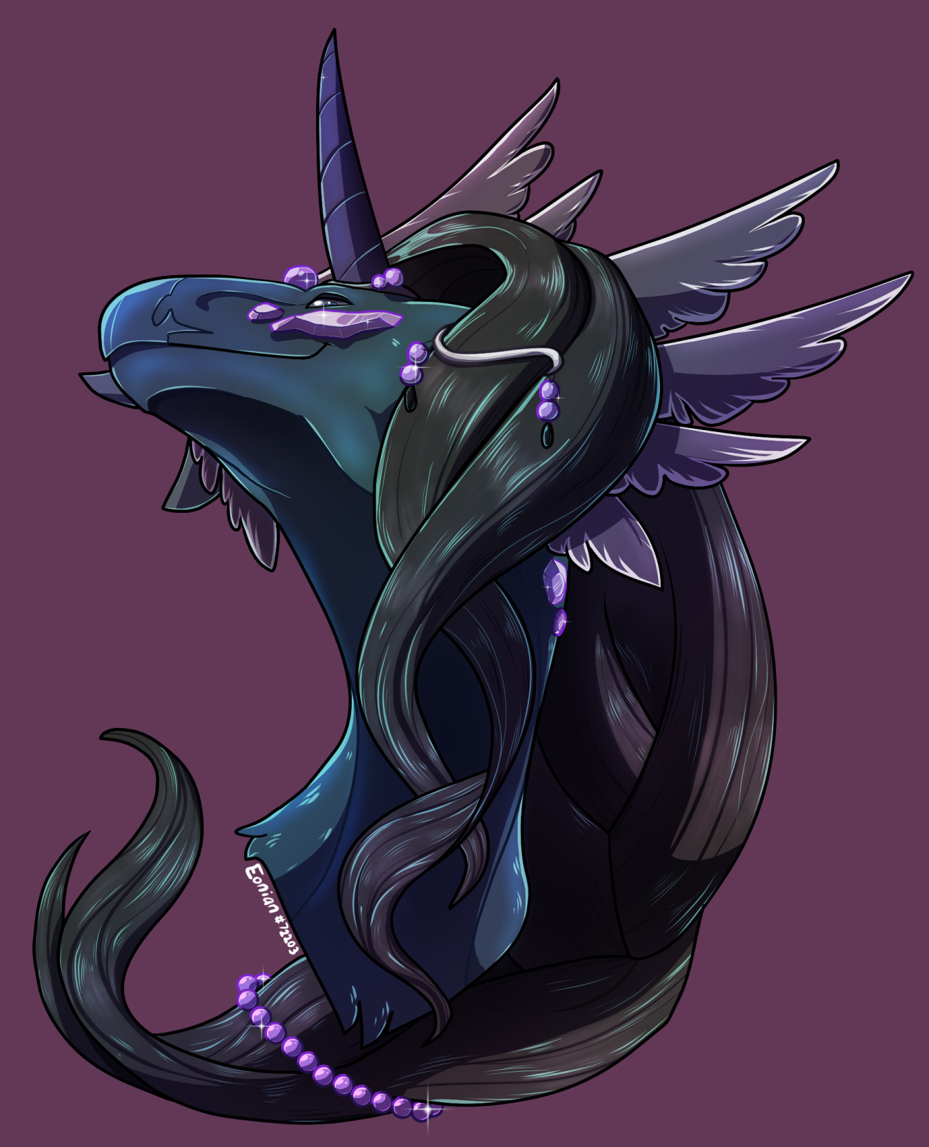 A bust of a dark navy blue dragon. He has a unicorn-esque horn and a long silky black mane that twists and curls. His muzzle ends in a sharp beak. He has some shiny lavender gemstones protruding from his skin, namely under his eye and on his neck. He has a crest of lavender feathers on the back of his head. He is looking down at the viewer with a smug smirk. He radiates a regal, 'better-than-you' energy.