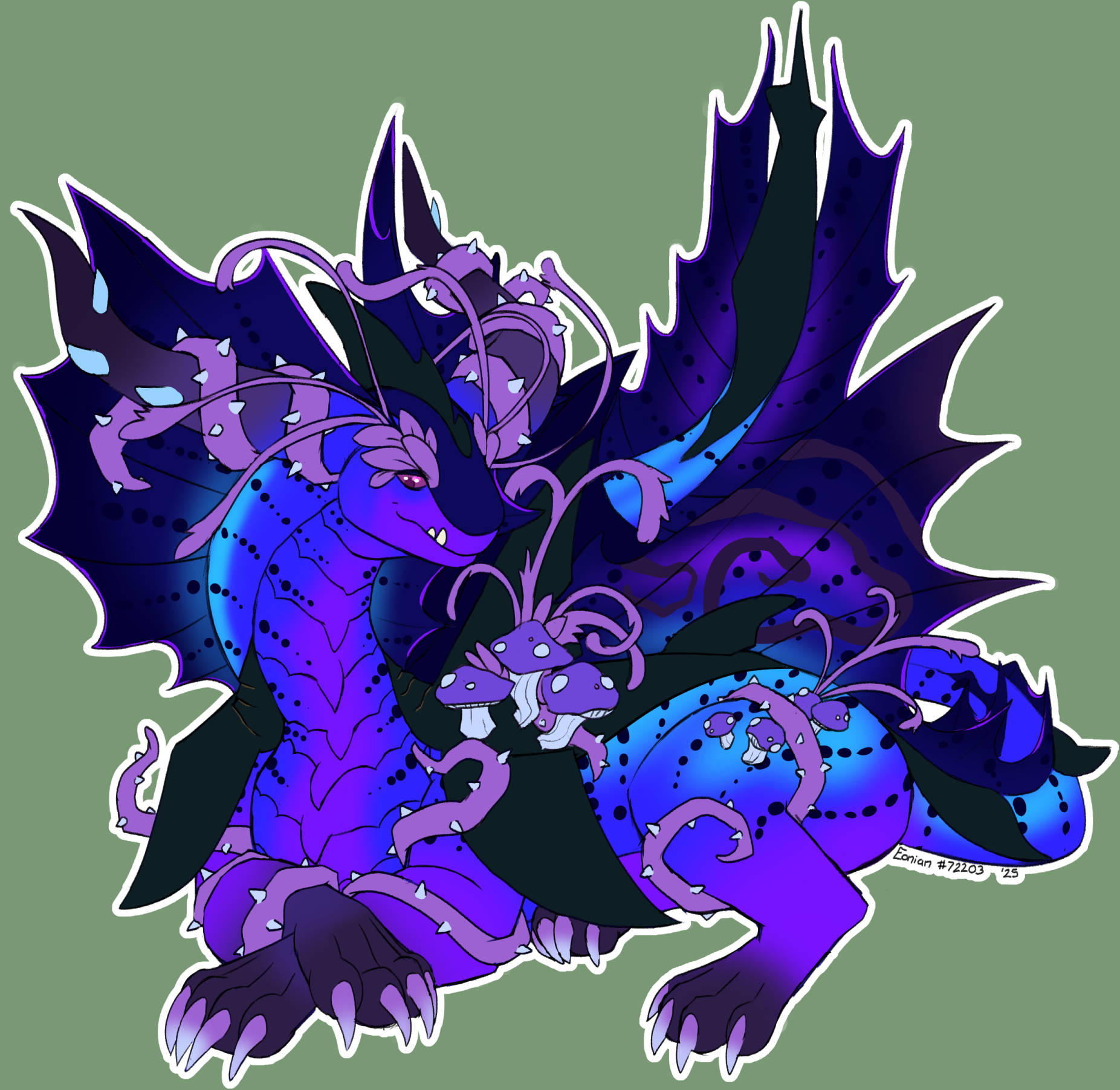 A blue-and-purple Sandsurge dragon from the game Flight Rising is laying slightly on her side with her front arms crossed. She has purple vines twisting around her horns and limbs, along with some purple mushrooms growing on her shoulders and hips. She has a calm, relaxed expression.